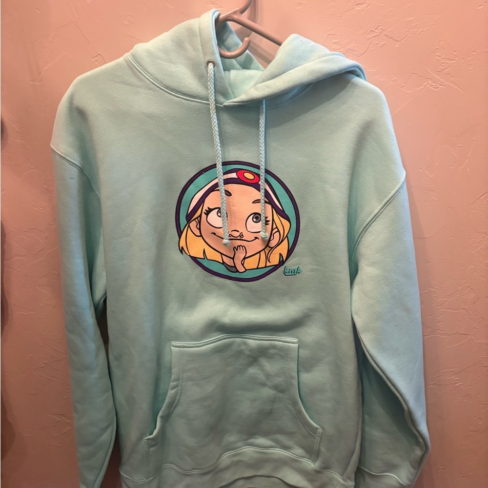 NWOT Light Blue Hoodie with Cartoon Graphic